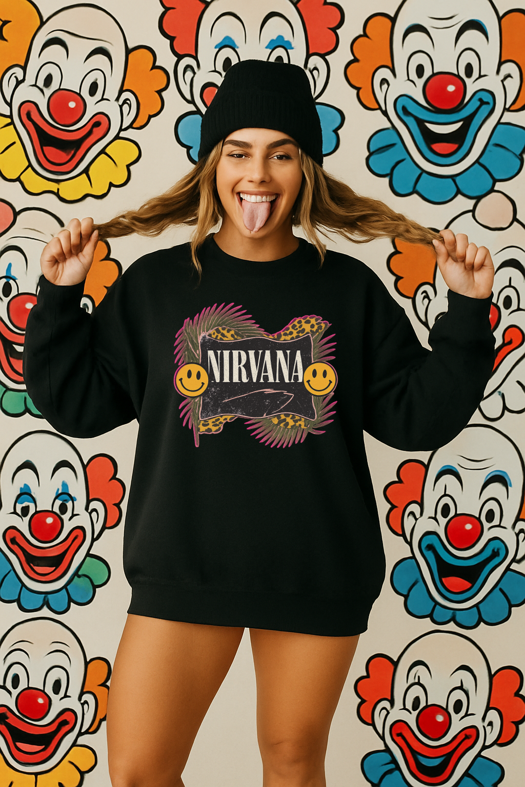 T-Shirt Hoodie Crewneck Nirvana Smiley – Leopard Print Grunge Rock Graphic Design