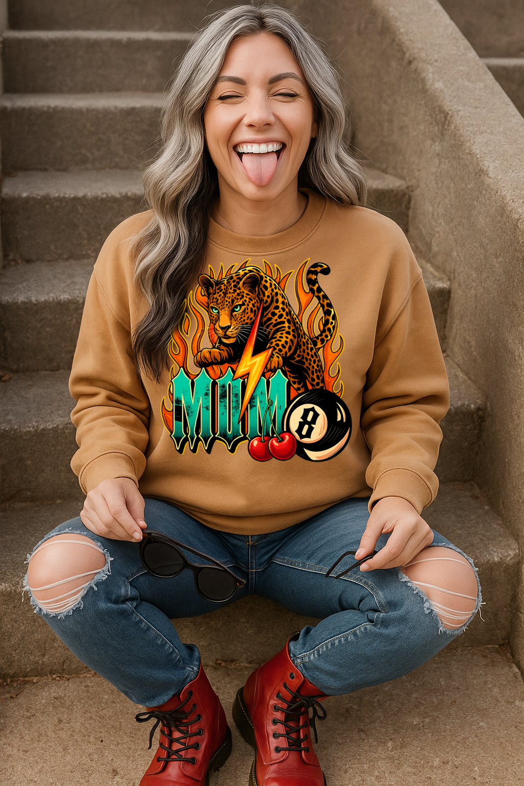 T-Shirt Hoody Crewneck Mom Leopard – Retro Tattoo Flash with Flames, Cherries & 8 Ball