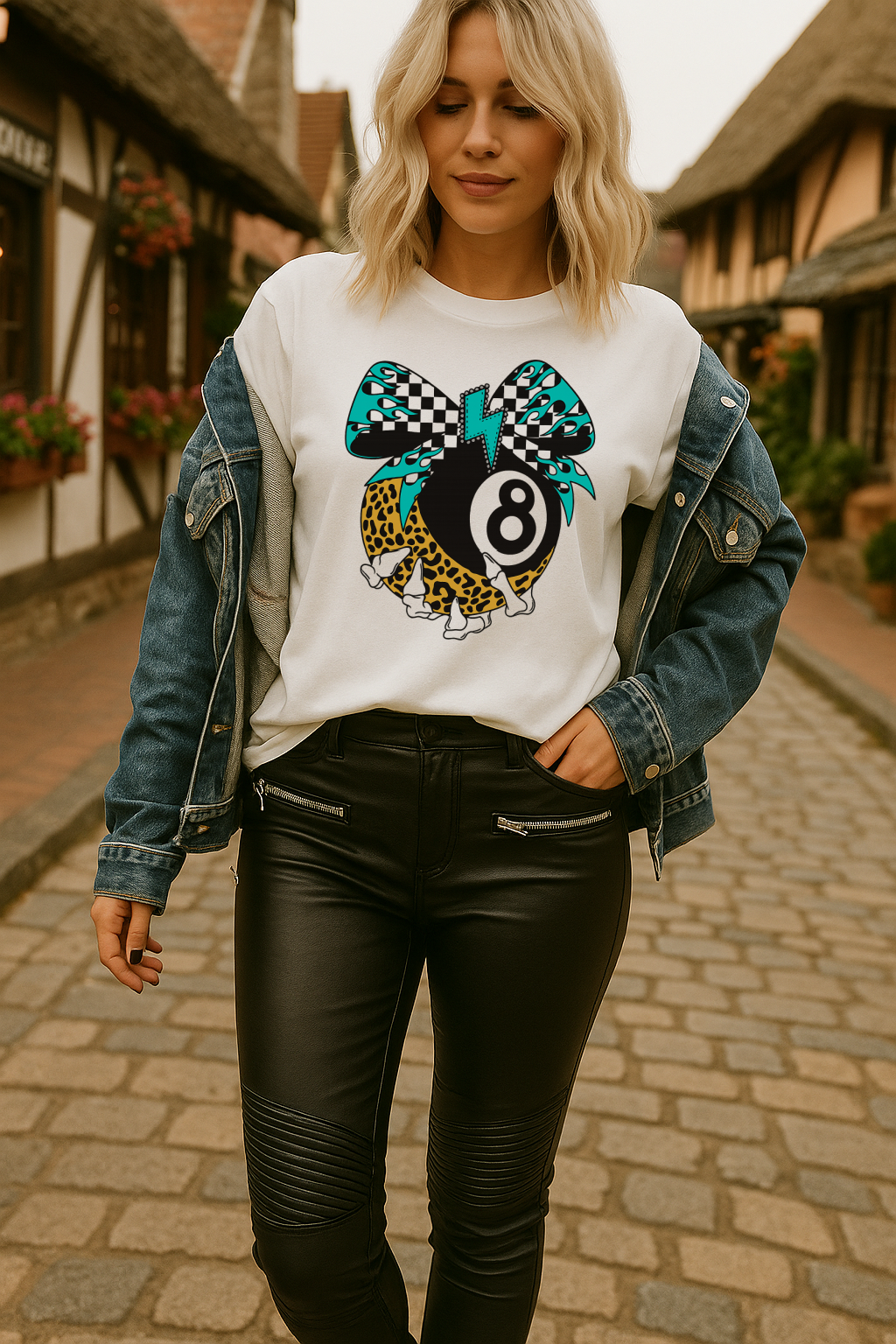 T-Shirt Crewneck Hoody – Retro 8 Ball Bow with Leopard, Checkered & Lightning Bolt