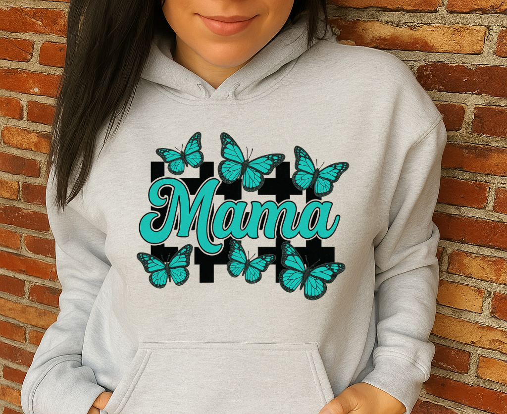 T-Shirt Crewneck Hoody Mama Teal Butterflies – Checkerboard Western Graphic