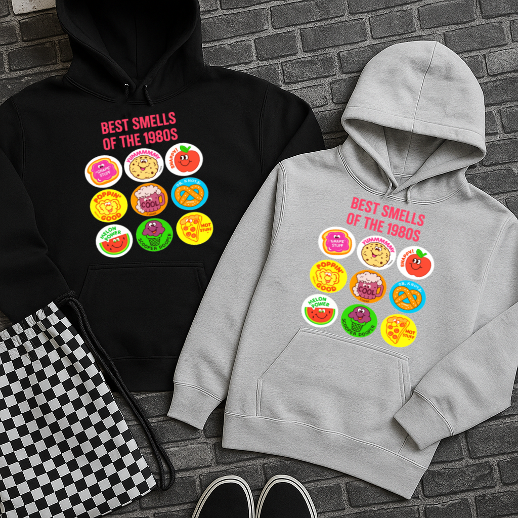T-Shirt Hoody Crewneck – Vintage 80s "Best Smells of the 1980s" Retro Sticker Collage