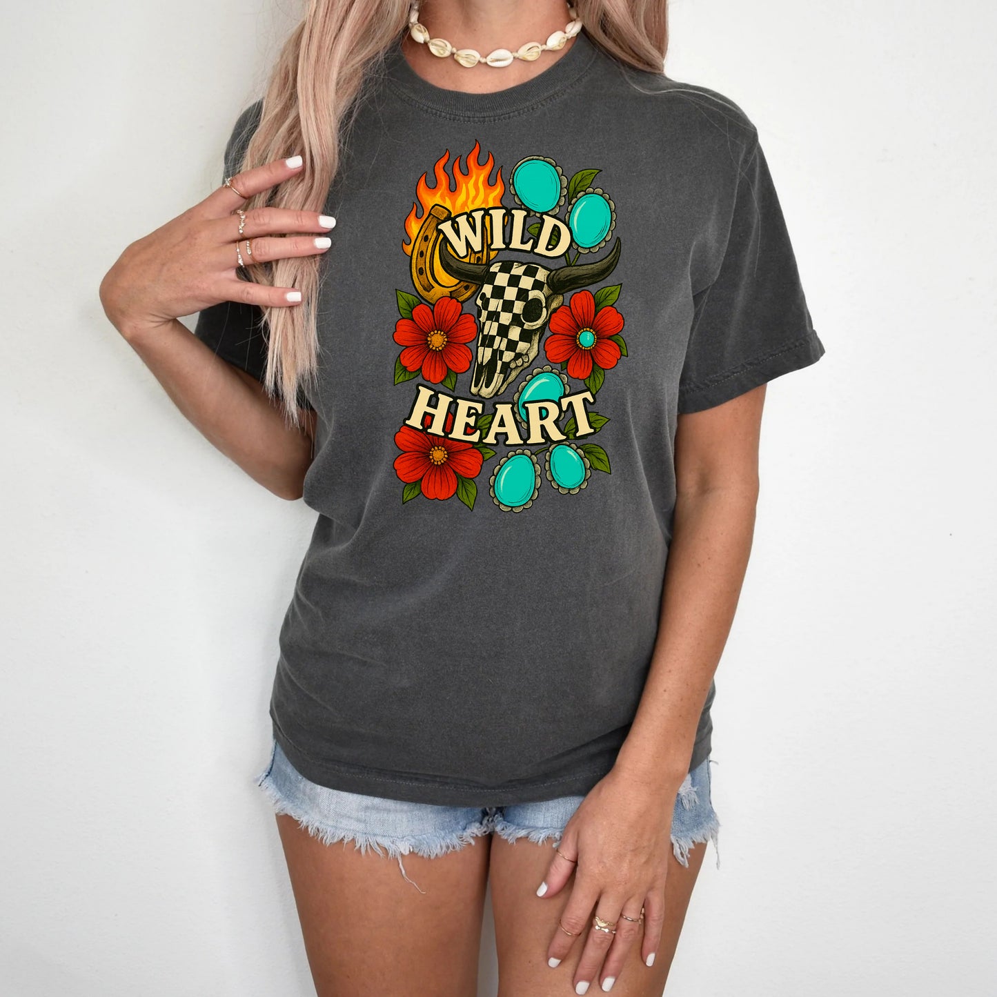 DTF Transfer Wild Heart – Western Cowgirl Checker Skull with Turquoise & Floral Flames
