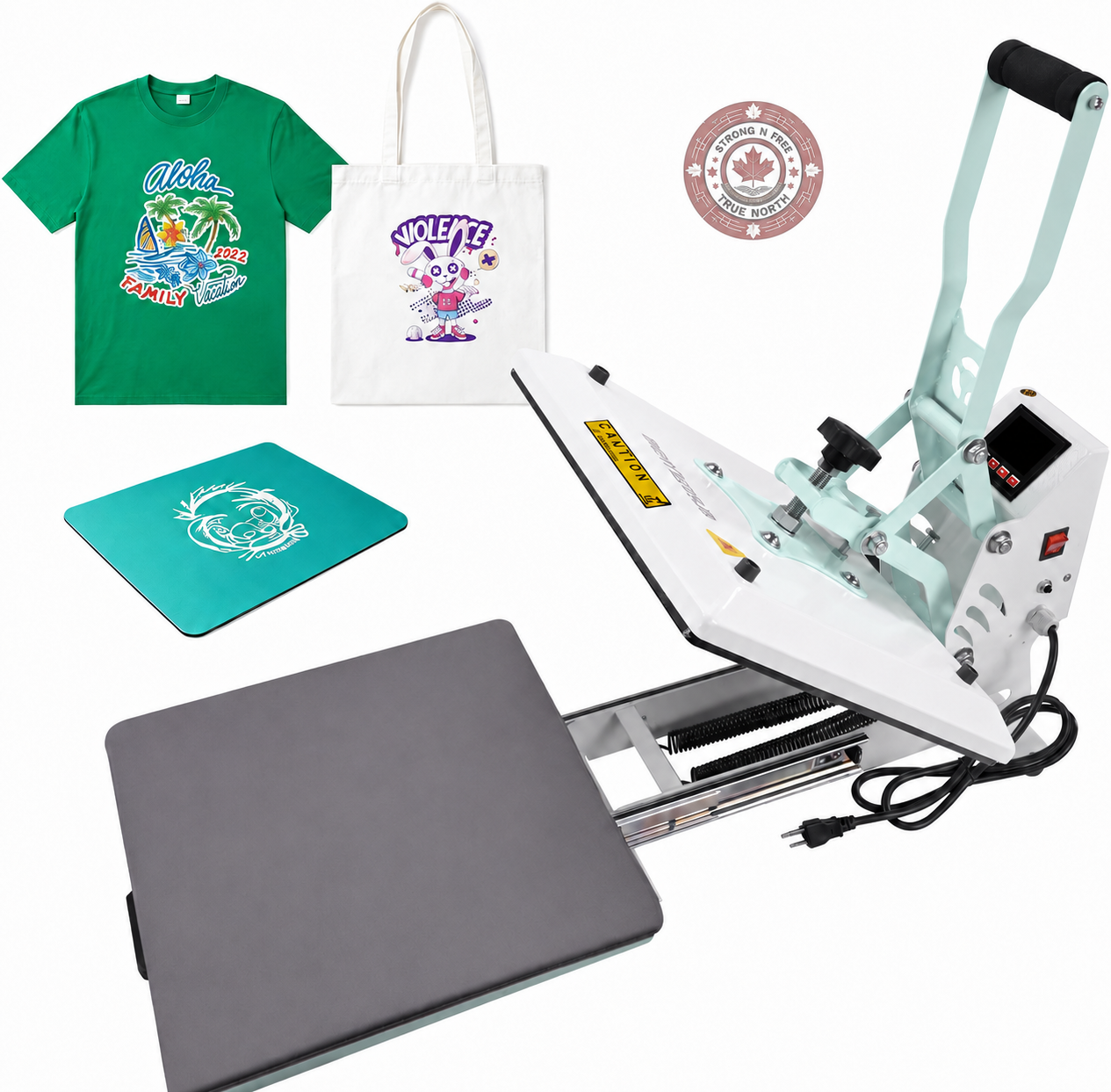 Teal 15 by 15 inch digital slide-out heat press with Strong N Free watermark