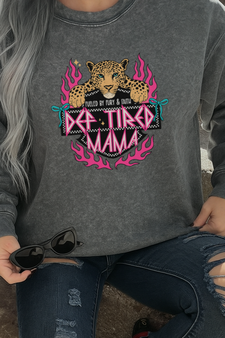 DTF Transfer – Def Tired Mama Graphic with Pink Flames & Leopard