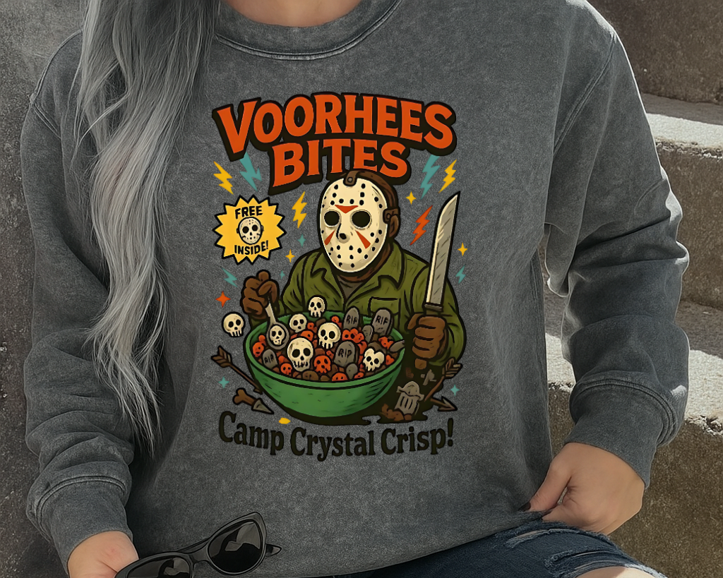 Person wearing a gray sweatshirt with a graphic design and ripped jeans sitting on steps.