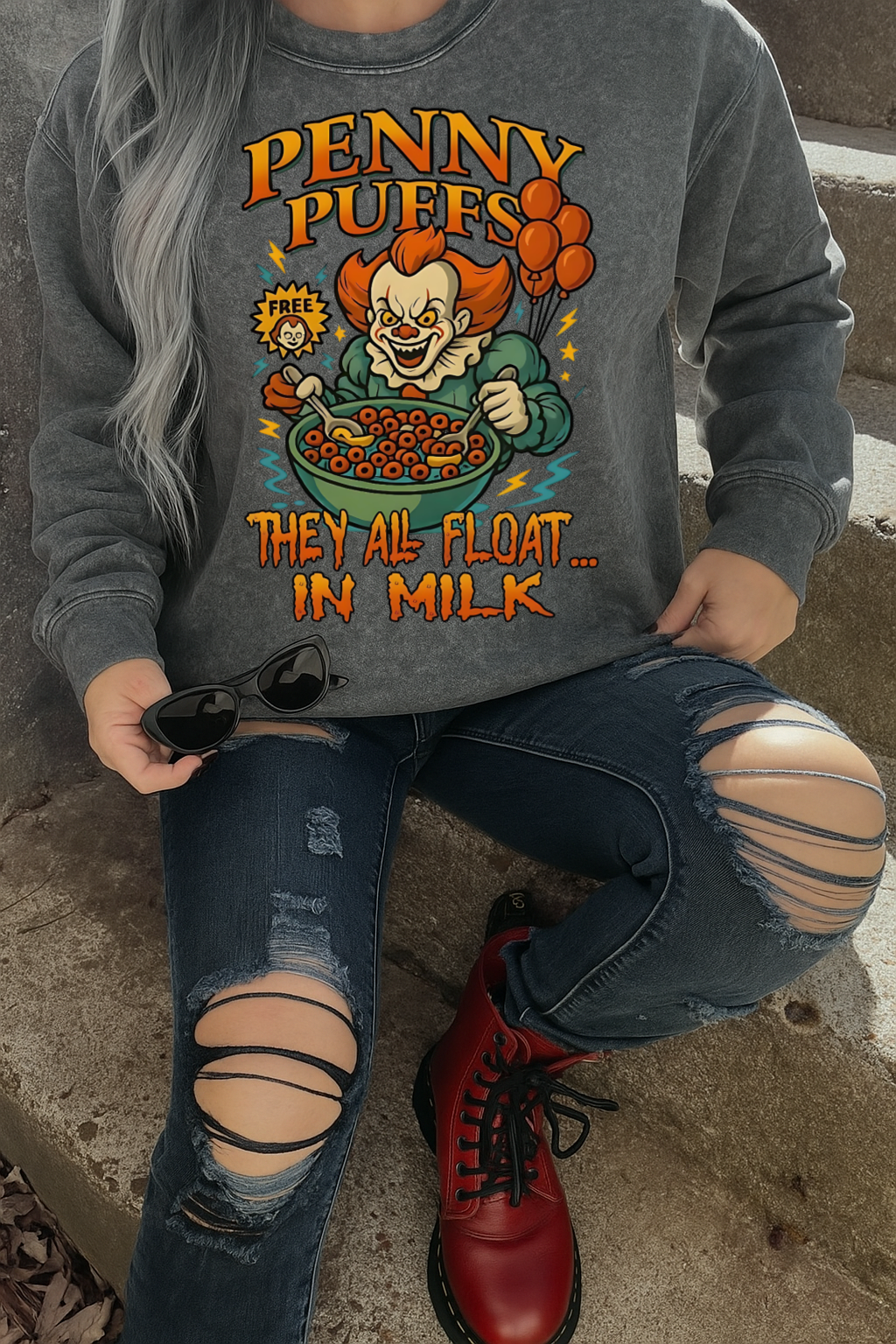 DTF Transfer Penny Puffs – Creepy Clown Cereal Parody "They All Float in Milk"