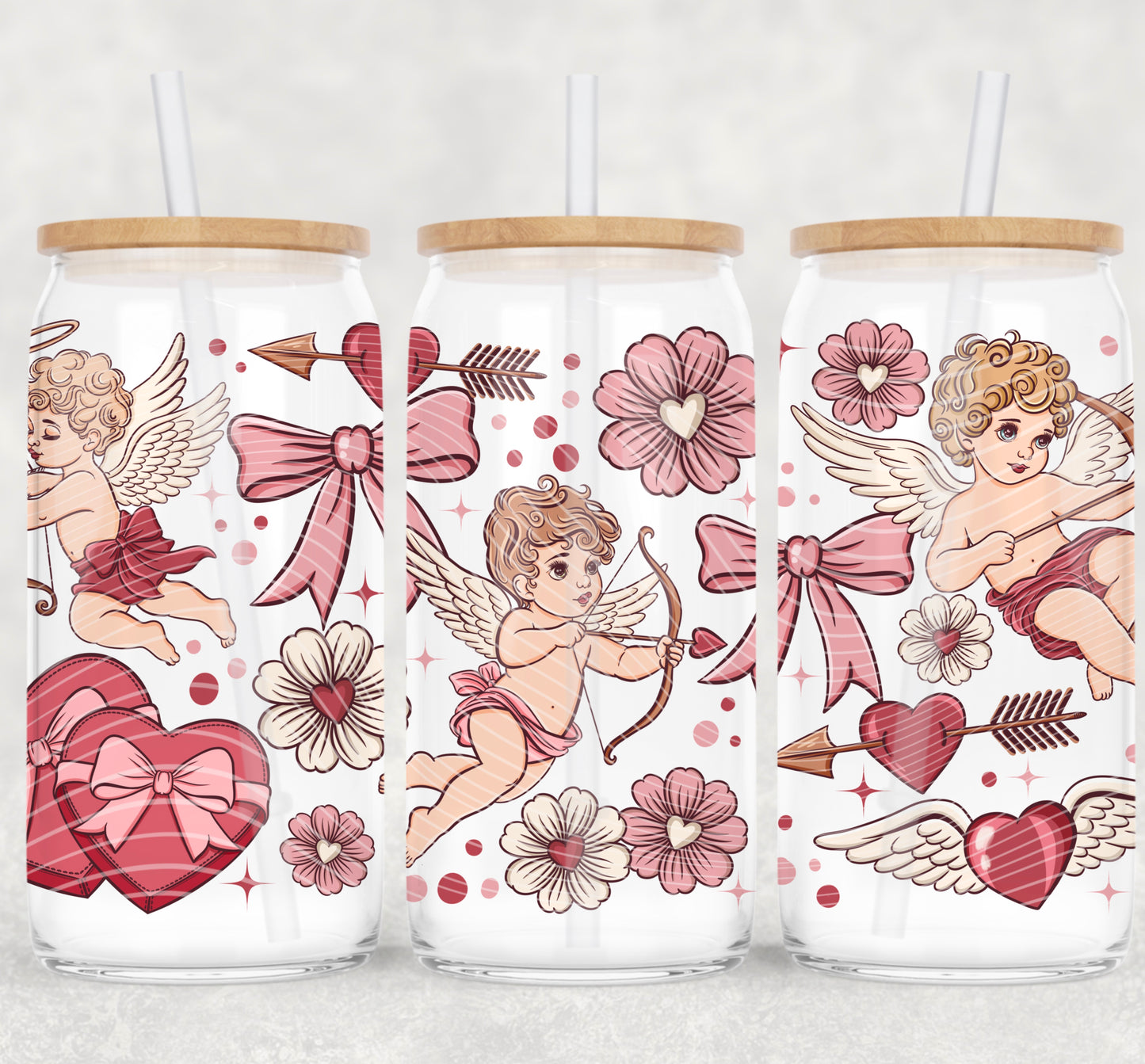 UV DTF Cup Wrap – Vintage Cupid & Floral Hearts | Romantic Valentine Glass Cup Decal