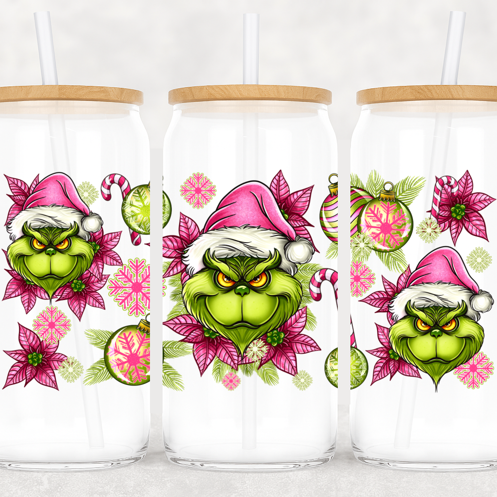 UV-DTF Grinchh Guy Christmas Wrap – Pink Santa Hat, Ornaments & Poinsettias