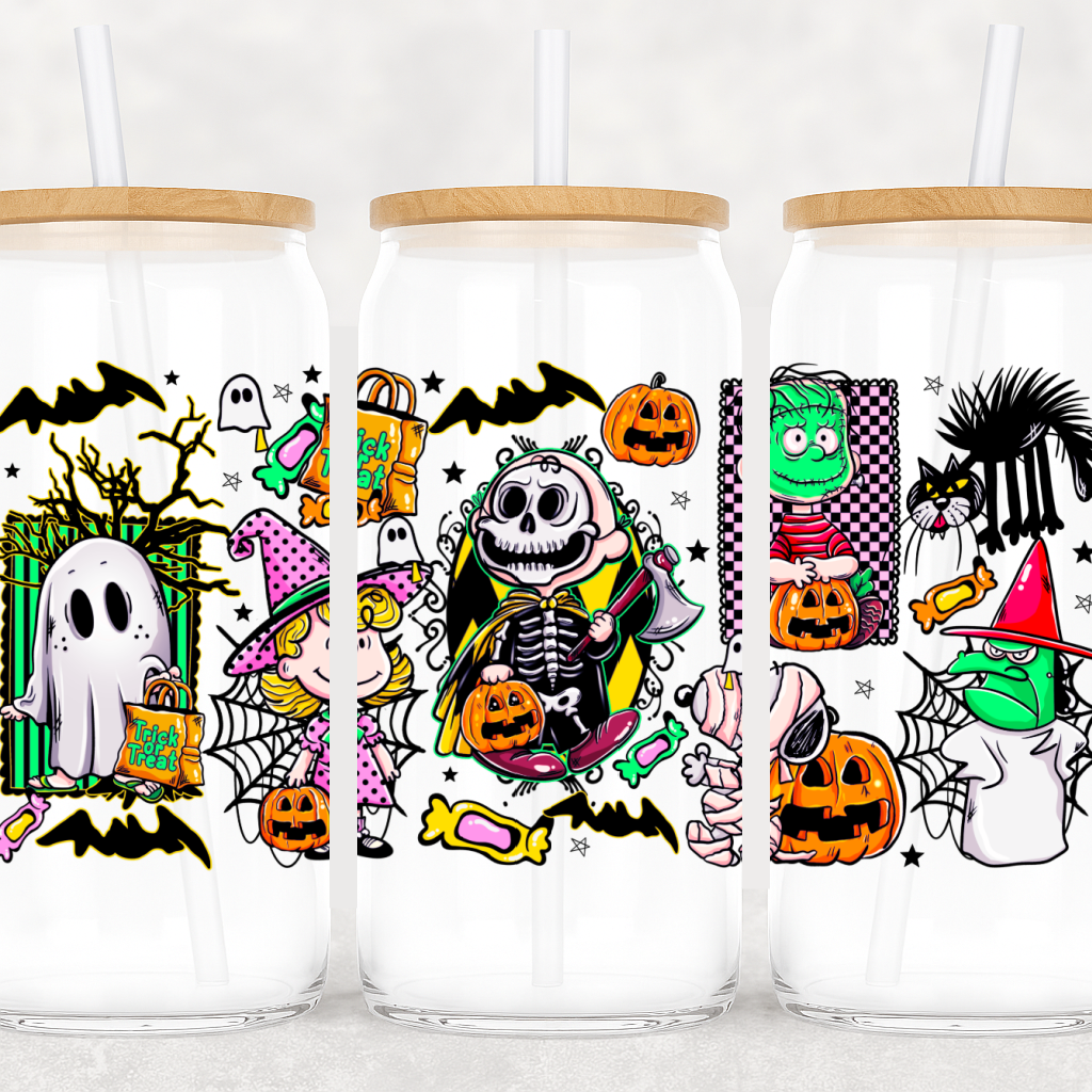 UV-DTF Transfer Halloween Cup Wrap – Retro Cartoon Trick or Treat Squad