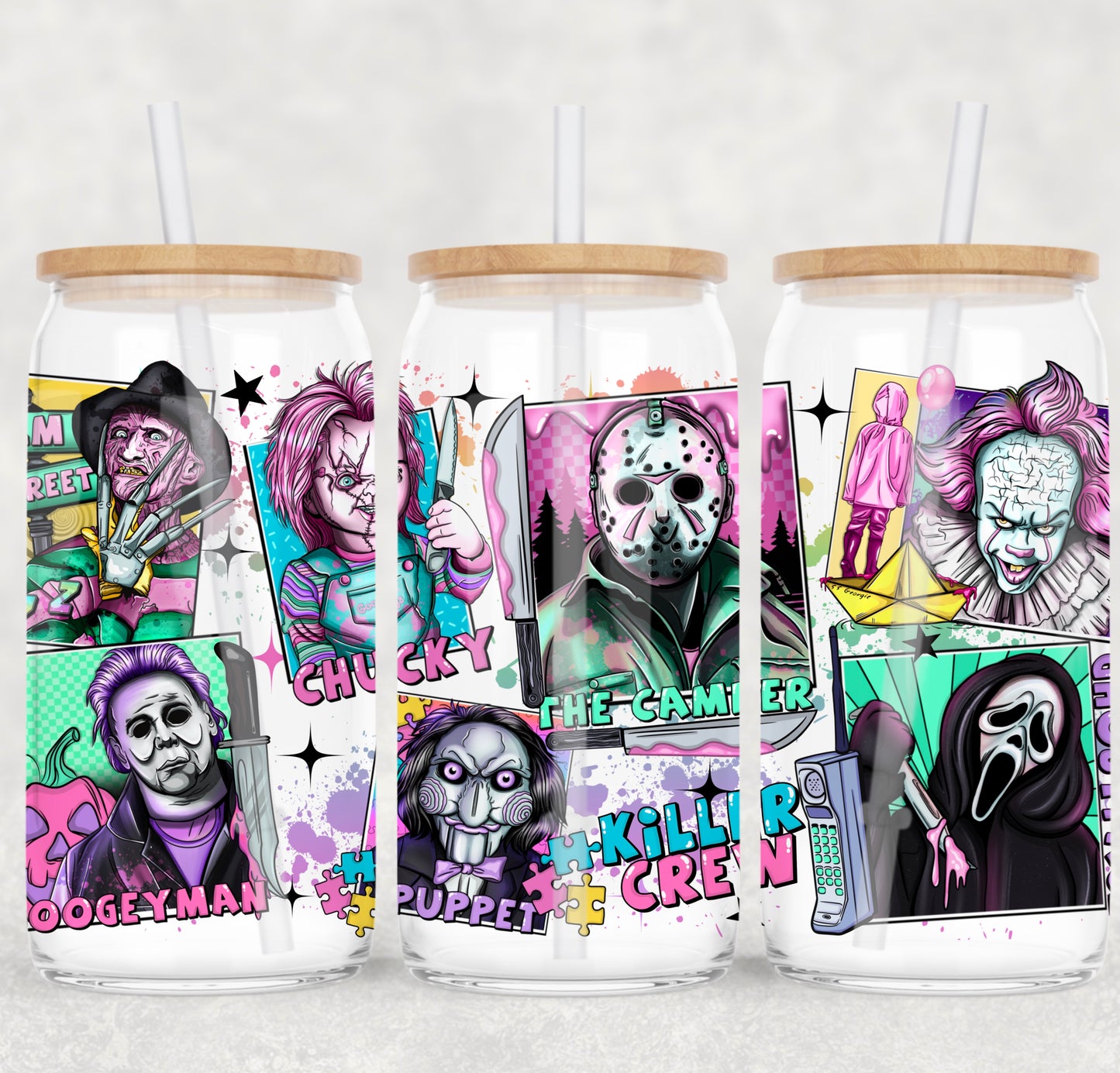 UV DTF Cup Wrap – Killer Crew | Chucky, Freddy, Jason & More Glass Cup Decal