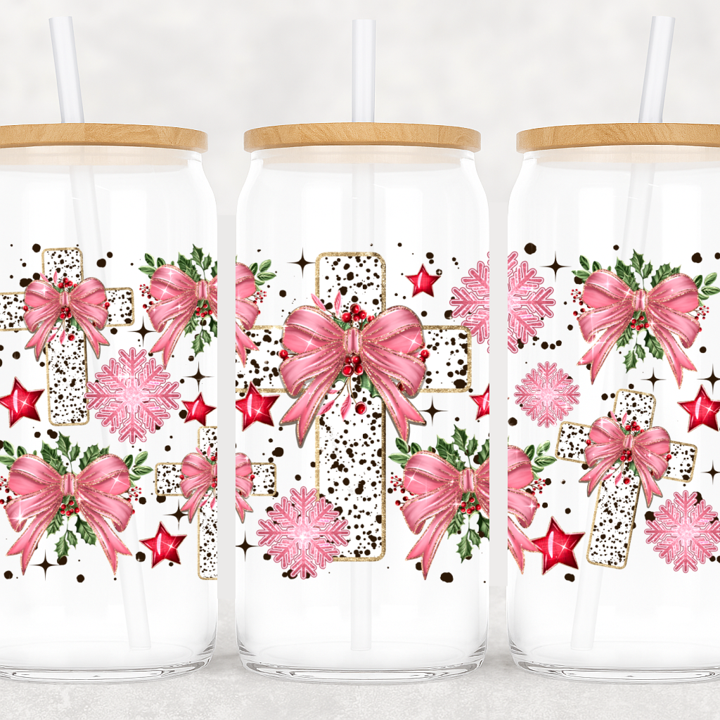 UV-DTF Red Christmas Cross Wrap – Pink Bows, Holly, and Snowflakes with Festive Stars