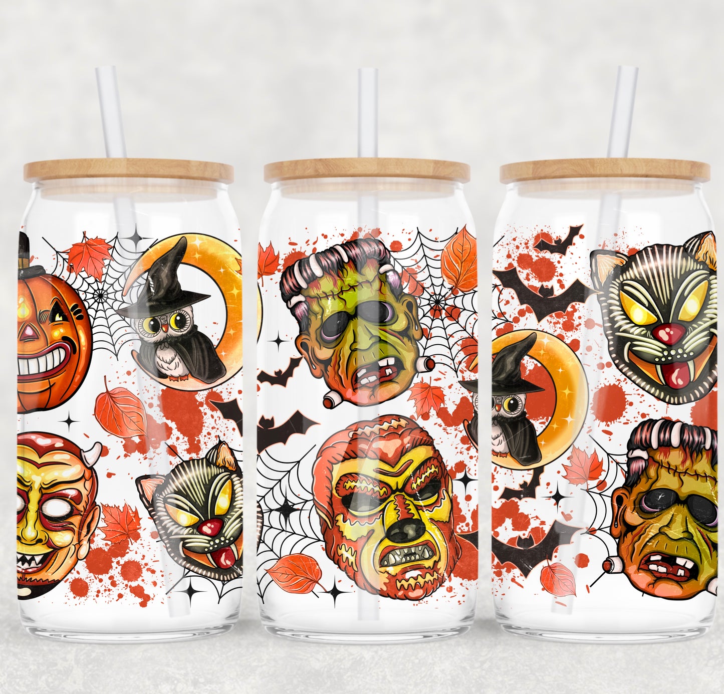 UV DTF Cup Wrap – Vintage Halloween Masks | Retro Spooky Faces Glass Cup Decal