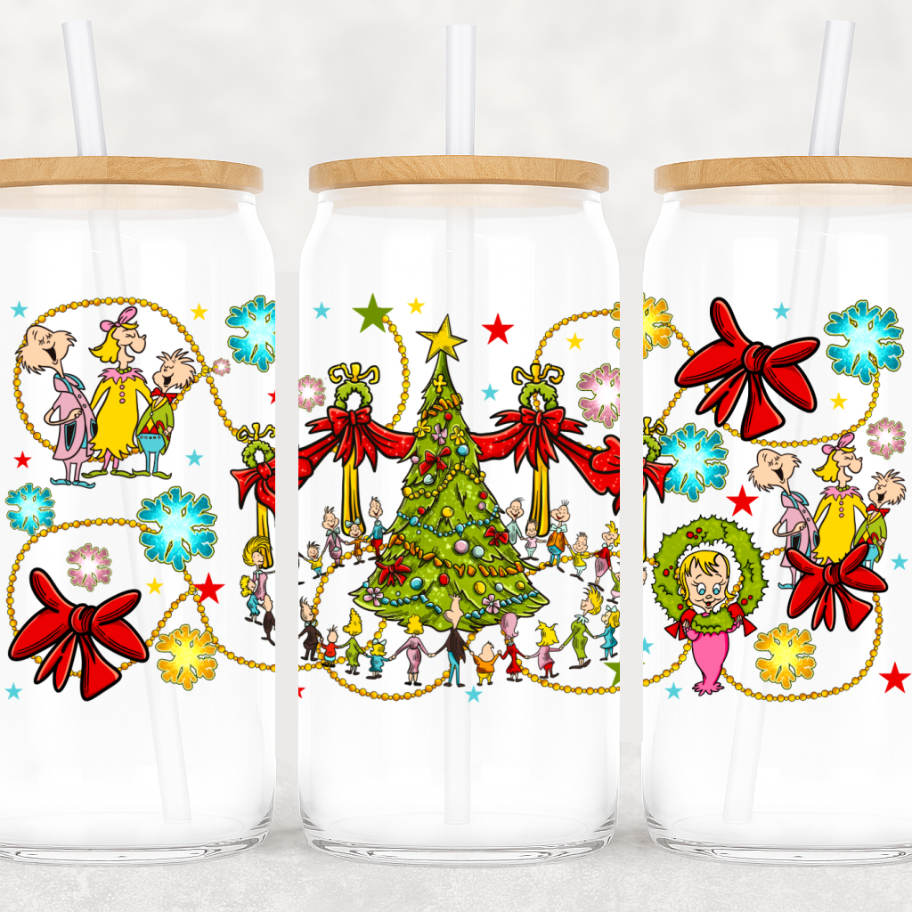 UV-DTF Whovillle Christmas Wrap – Grinch Holiday Scene with Tree, Bows & Who Characters