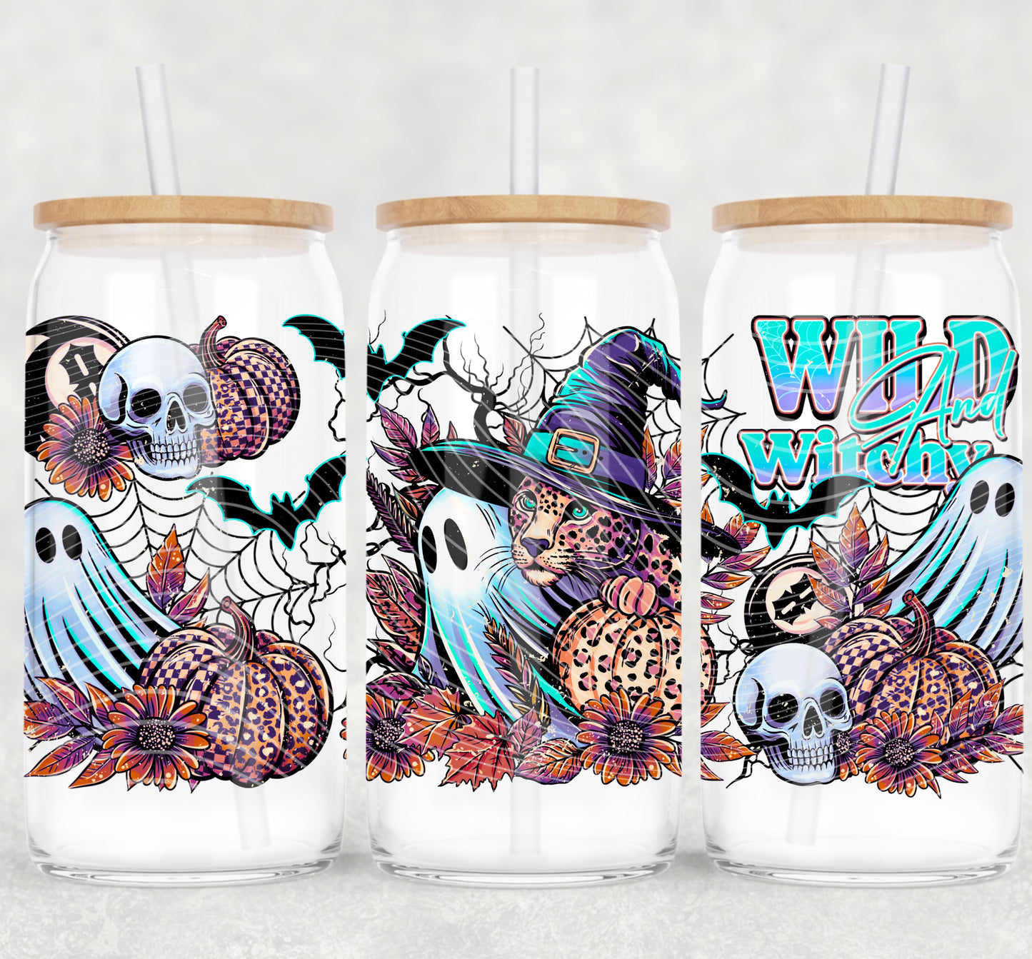 DTF Transfer UV Cup Wrap – Wild and Witchy Leopard Ghosts & Skulls Design