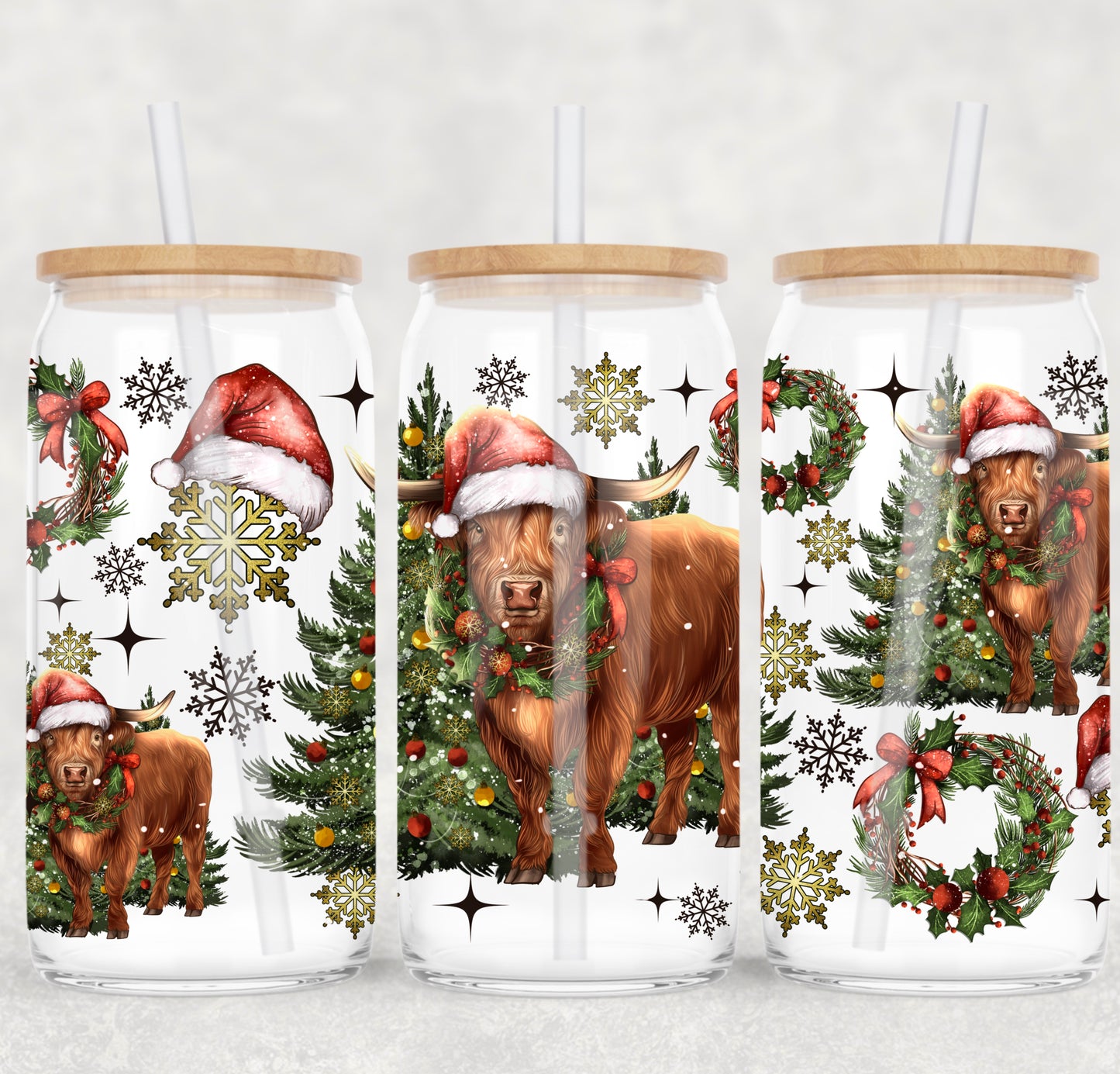 UV DTF Cup Wrap – Highland Cow Christmas | Santa Hat, Wreath & Tree Glass Cup Decal