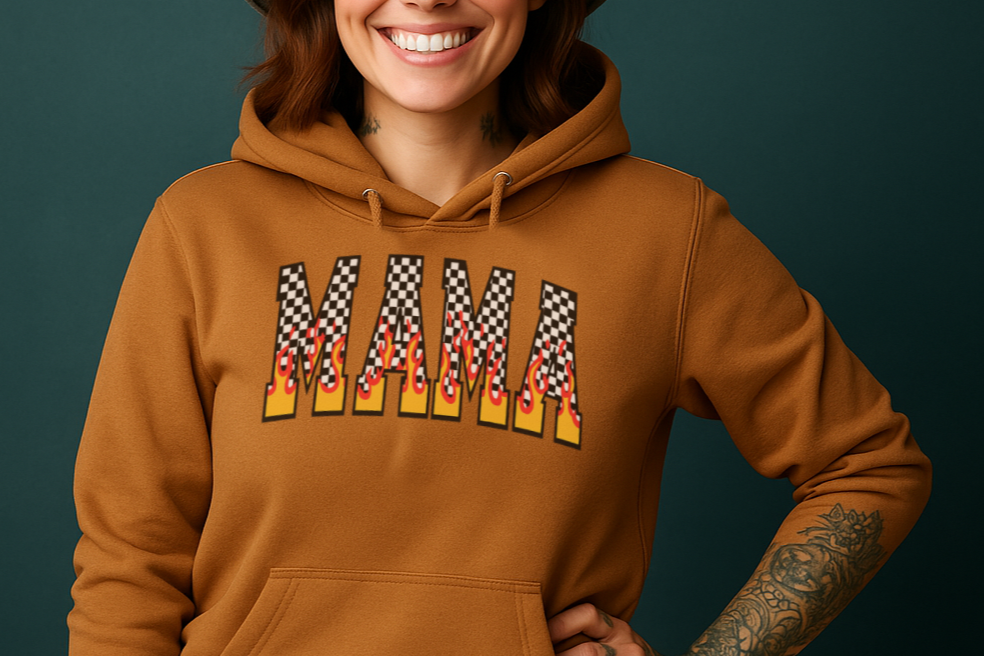 T-Shirt Crewneck Hoody – Checkered Flame MAMA Retro Bold Print