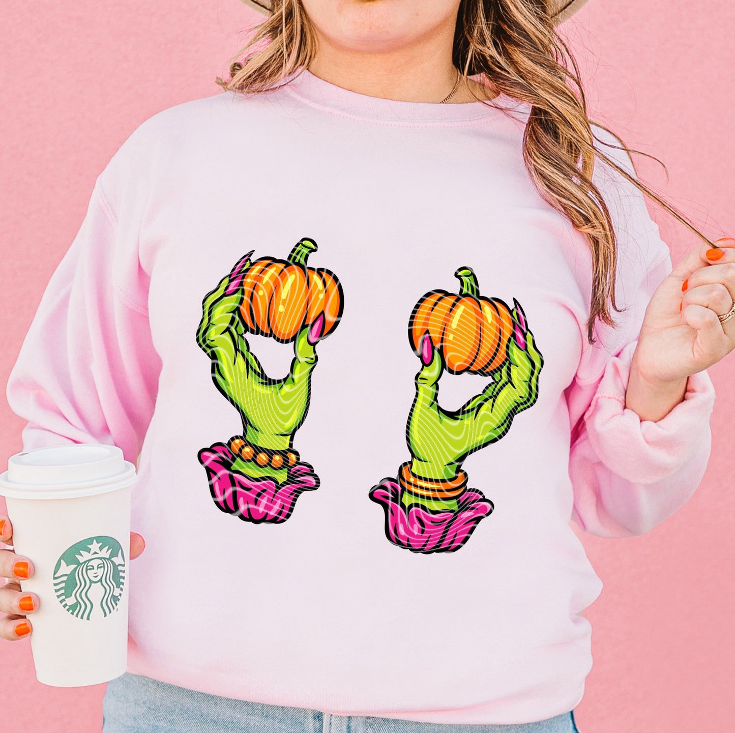 Crewneck T-Shirt Halloween – Witch Hands Holding Pumpkins (Neon Green & Orange) Hoody Or Sweatshirt