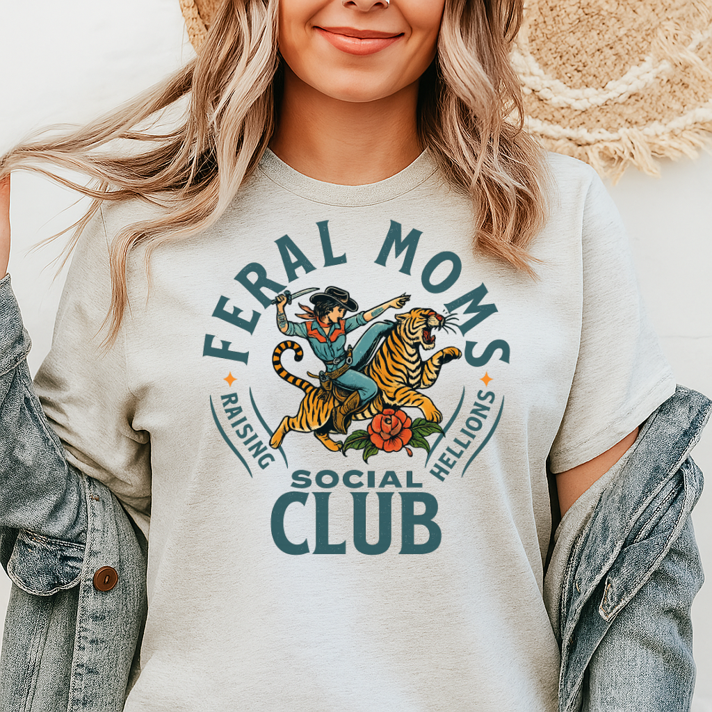 DTF Transfer Feral Moms Social Club – Raising Hellions Tiger Cowgirl Print