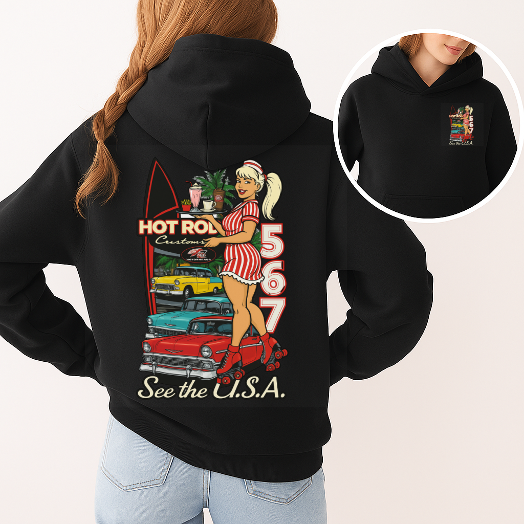 DTF Transfer – Hot Rod Diner Girl 567 with Classic Cars & Milkshakes