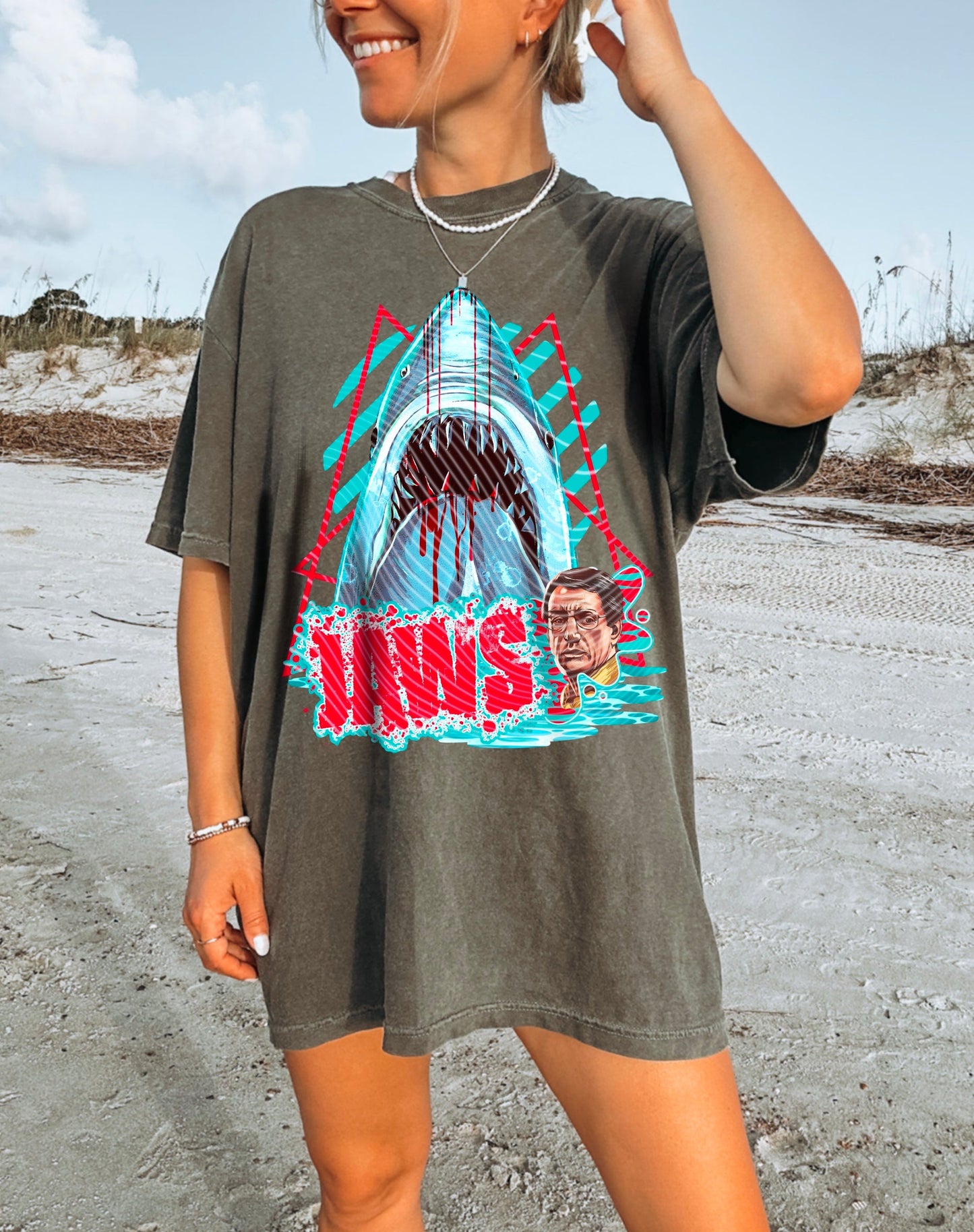 T-Shirt Or Hoodie JAW.S Retro Horror Shark Attack – 80s Neon Beach Graphic