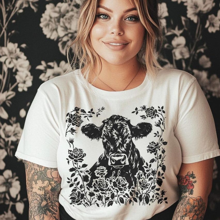 T-Shirt Sweatshirt Hoodie Floral Cow Western Farmhouse Rustic Design Crewneck