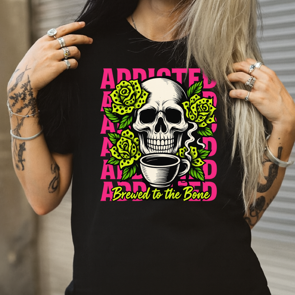 DTF Transfer Brewed to the Bone – Neon Skull & Coffee Design