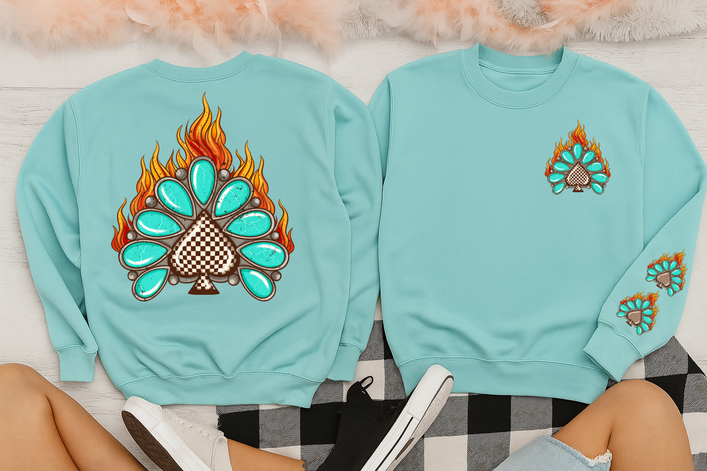 T-Shirt Or Crewneck Hoodie – Turquoise Spade & Flames with Checkered Center Western Rock Vibe