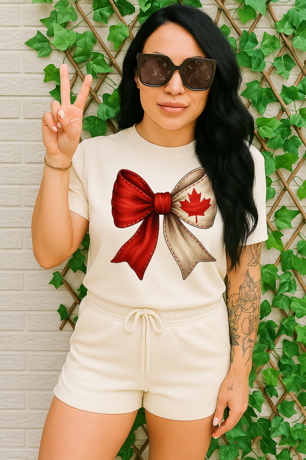 T-Shirt Hoodie Crewneck Canada Bow – Red & White Maple Leaf Ribbon #2