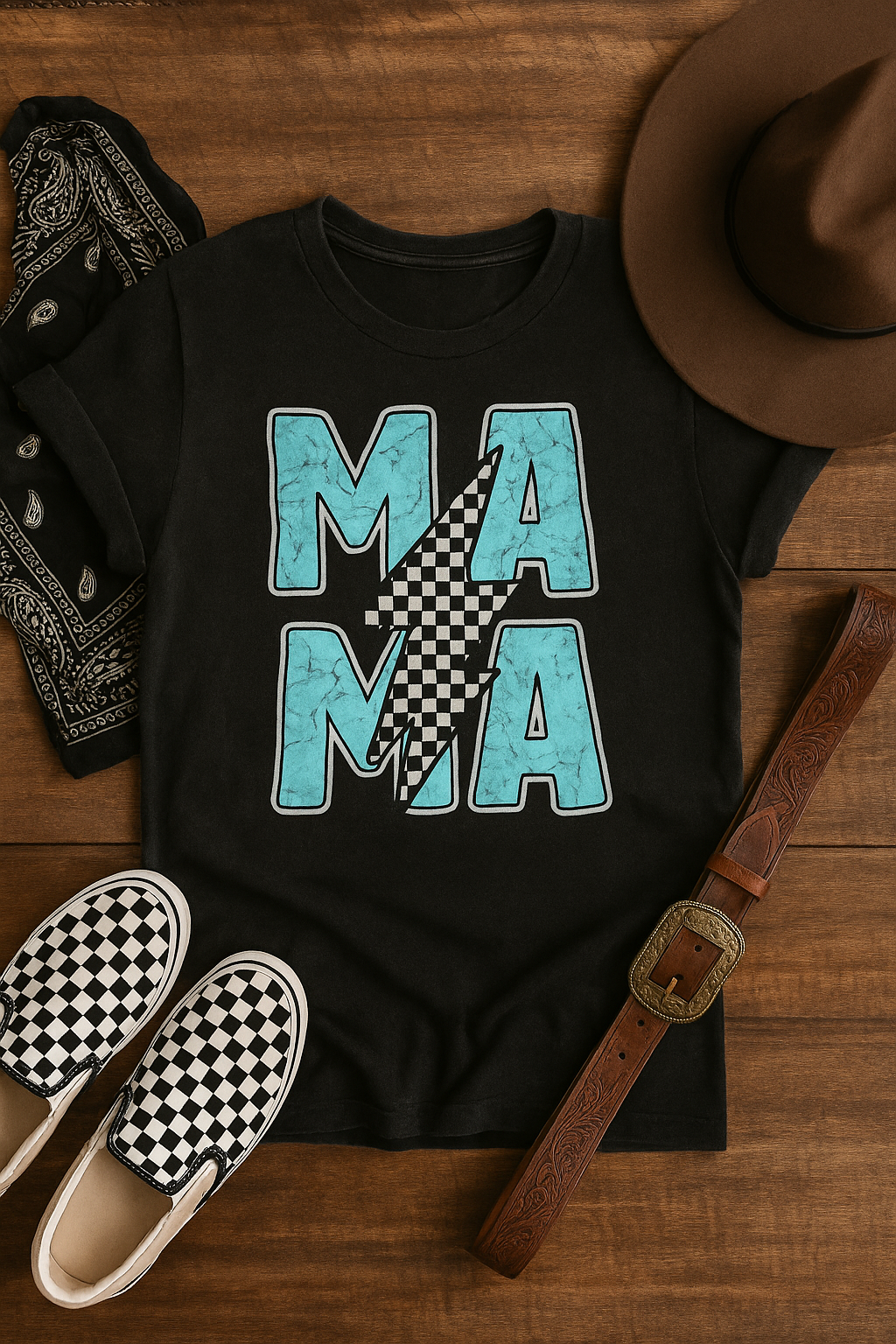 T-Shirt Or Crewneck Hoodie – Blue Marble MAMA with Checkered Lightning Bolt Design