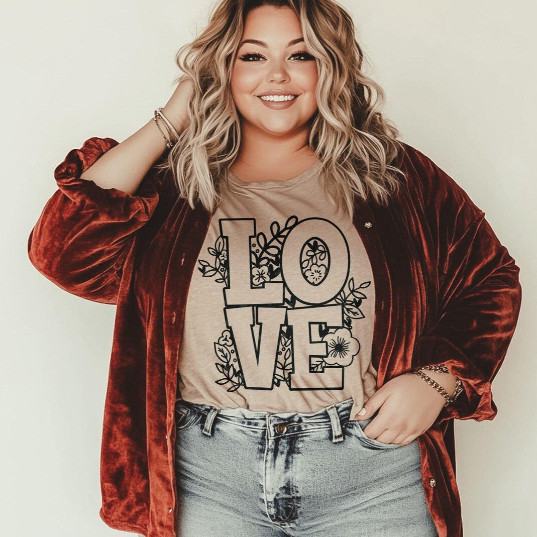 T-Shirt Tee Sweatshirt Crew Hoodie Valentines - LOVE Outline Floral Design