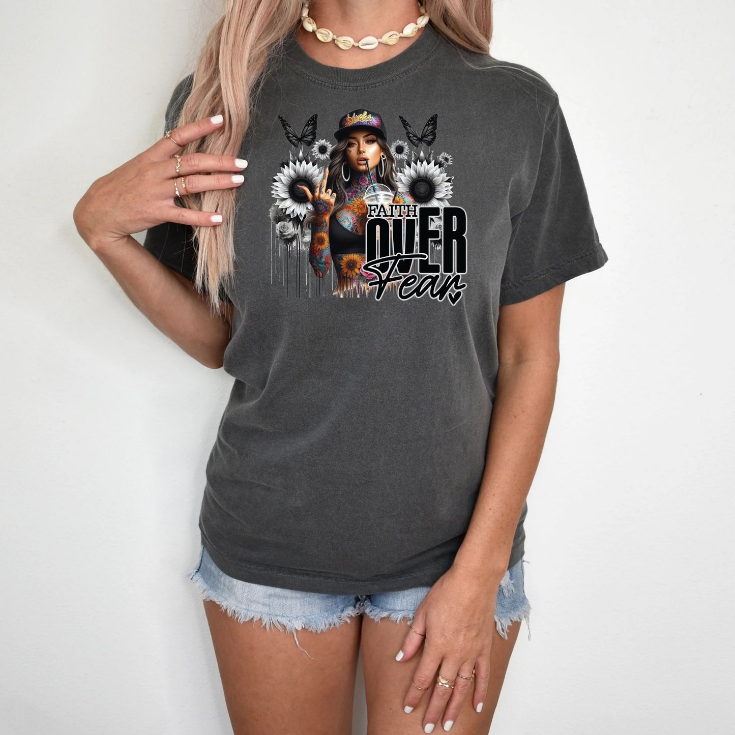 T-Shirt Or Sweatshirt Crewneck – Urban Tattoo Girl Faith Over Fear Design