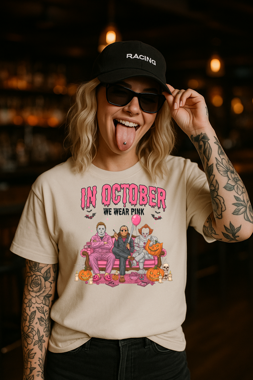 DTF Transfer In October We Wear Pink Halloween Horror Tee