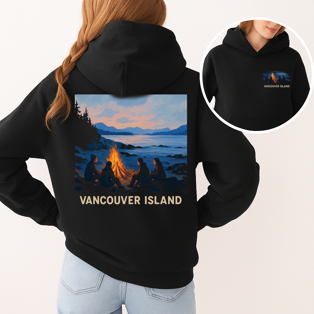 T-Shirt Hoodie Crewneck Vancouver Island Bonfire Hoodie – Coastal Sunset Campfire Design