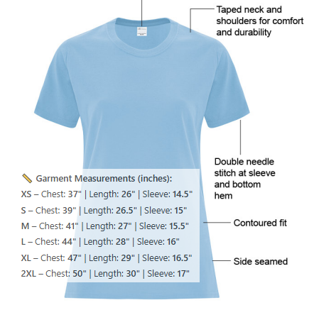 a blue t-shirt with measurements and details about its design, including the taped neck and shoulders for comfort and durability, the double needle stitch at the sleeve and bottom hem, and the contoured fit.