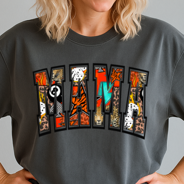 T-Shirt Or Crewneck Hoodie – Bold Patchwork MAMA Design with Animal Print Accents