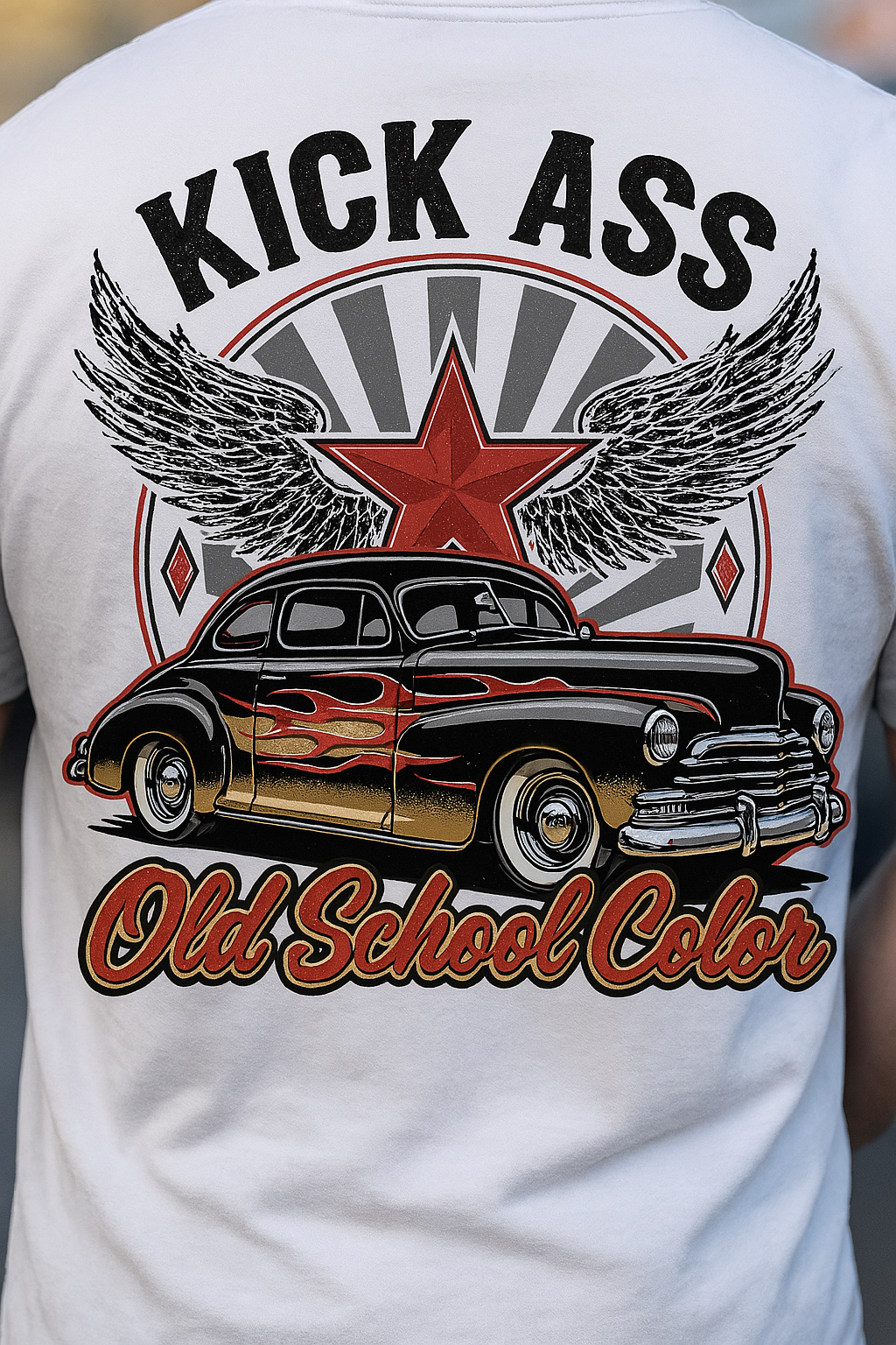T-Shirt Sweatshirt Crewneck Kick Ass Old School Car with Wings – Retro Flame Ride Design