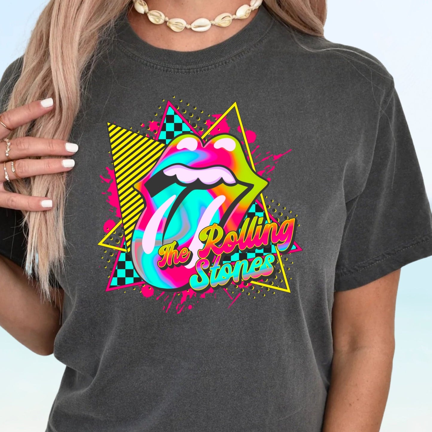 T-Shirt Crewneck Hoody R Stones Retro Neon Tongue – 90s Rock Graphic Print