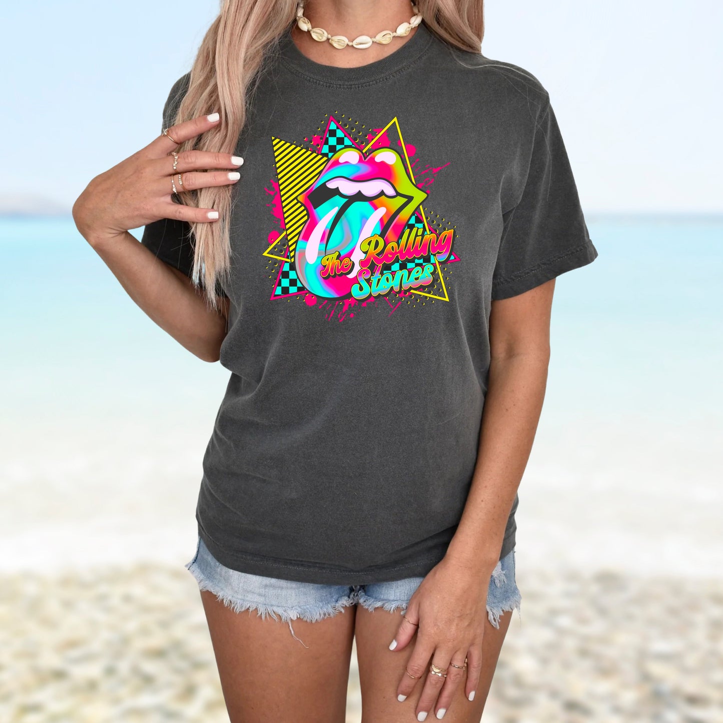 T-Shirt Crewneck Hoody R Stones Retro Neon Tongue – 90s Rock Graphic Print