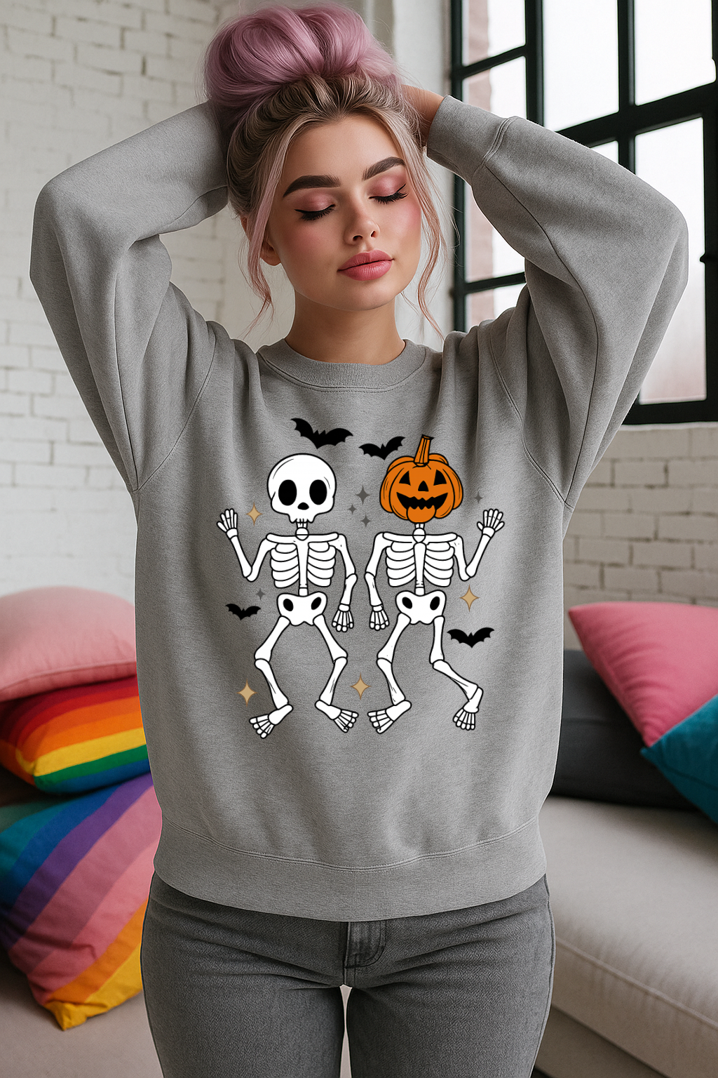 DTF Transfer Halloween – Dancing Skeletons with Pumpkin Head & Bats
