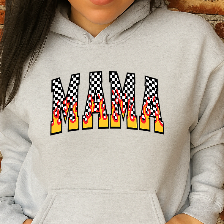 T-Shirt Crewneck Hoody – Checkered Flame MAMA Retro Bold Print