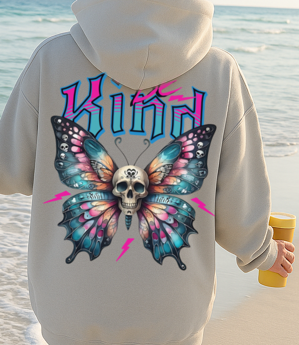 T-Shirt Or Hoodie Be Kind – Gothic Butterfly with Skull & Lightning Hoodie Design