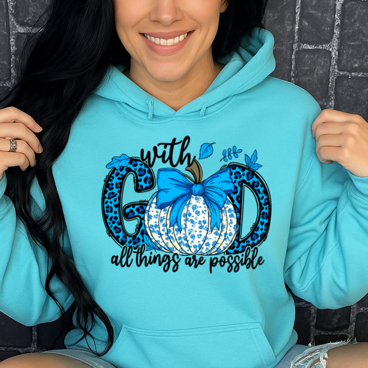T-Shirt Hoody With God All Things Are Possible – Blue Gingham Pumpkin & Leopard Print Faith Graphic