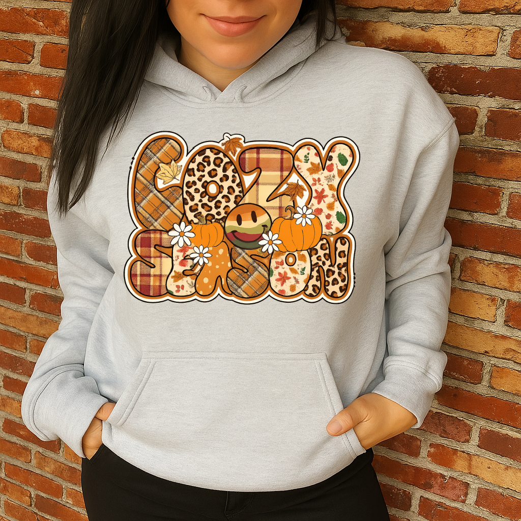 DTF Transfer Cozy Season – Fall Patchwork with Leopard, Plaid, Pumpkins & Smiley Face