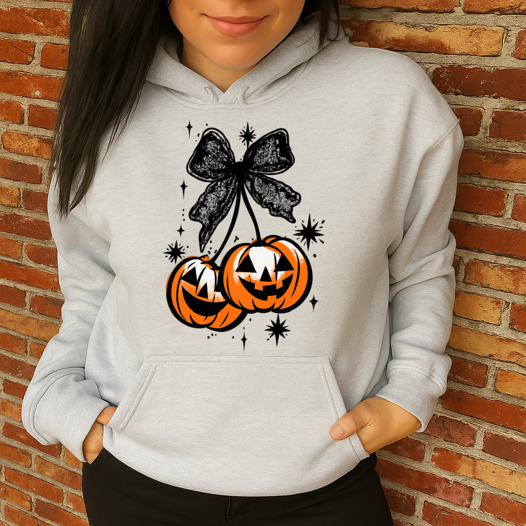 DTF Transfer Jack-O’-Lantern Cherries – Retro Halloween Bow