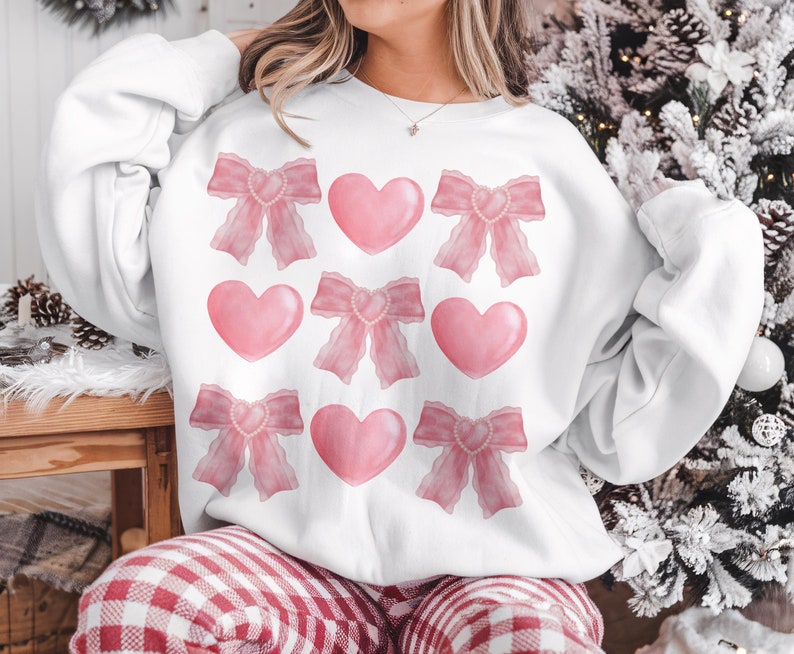 T-Shirt Tee Sweatshirt Crew Hoodie Valentines - Pink Bows and Hearts Design