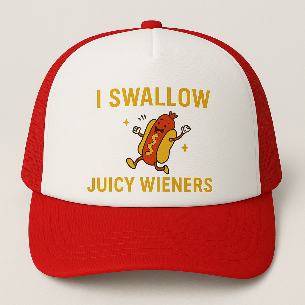 Trucker Hat – I Swallow Juicy Wieners Funny Hot Dog Mesh Cap