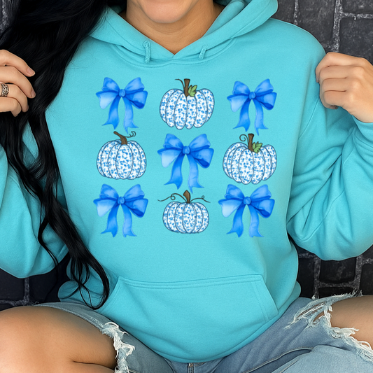T-Shirt Hoody Blue Gingham Pumpkins & Bows – Fall Country Cottagecore Aesthetic