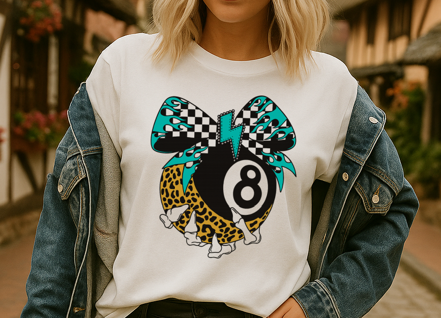T-Shirt Crewneck Hoody – Retro 8 Ball Bow with Leopard, Checkered & Lightning Bolt