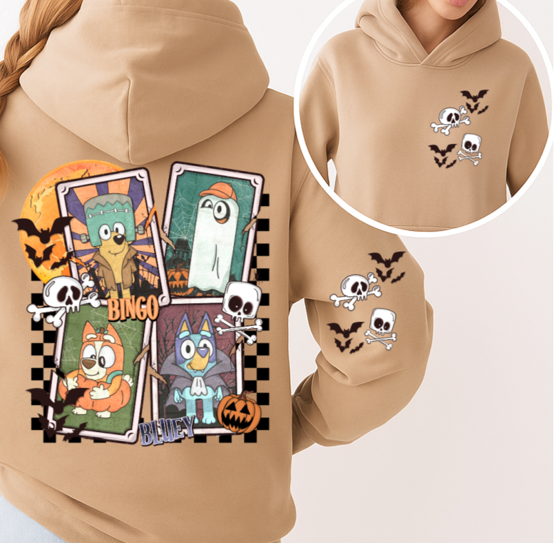 Beige hoodie with Halloween-themed designs on the back and sleeves