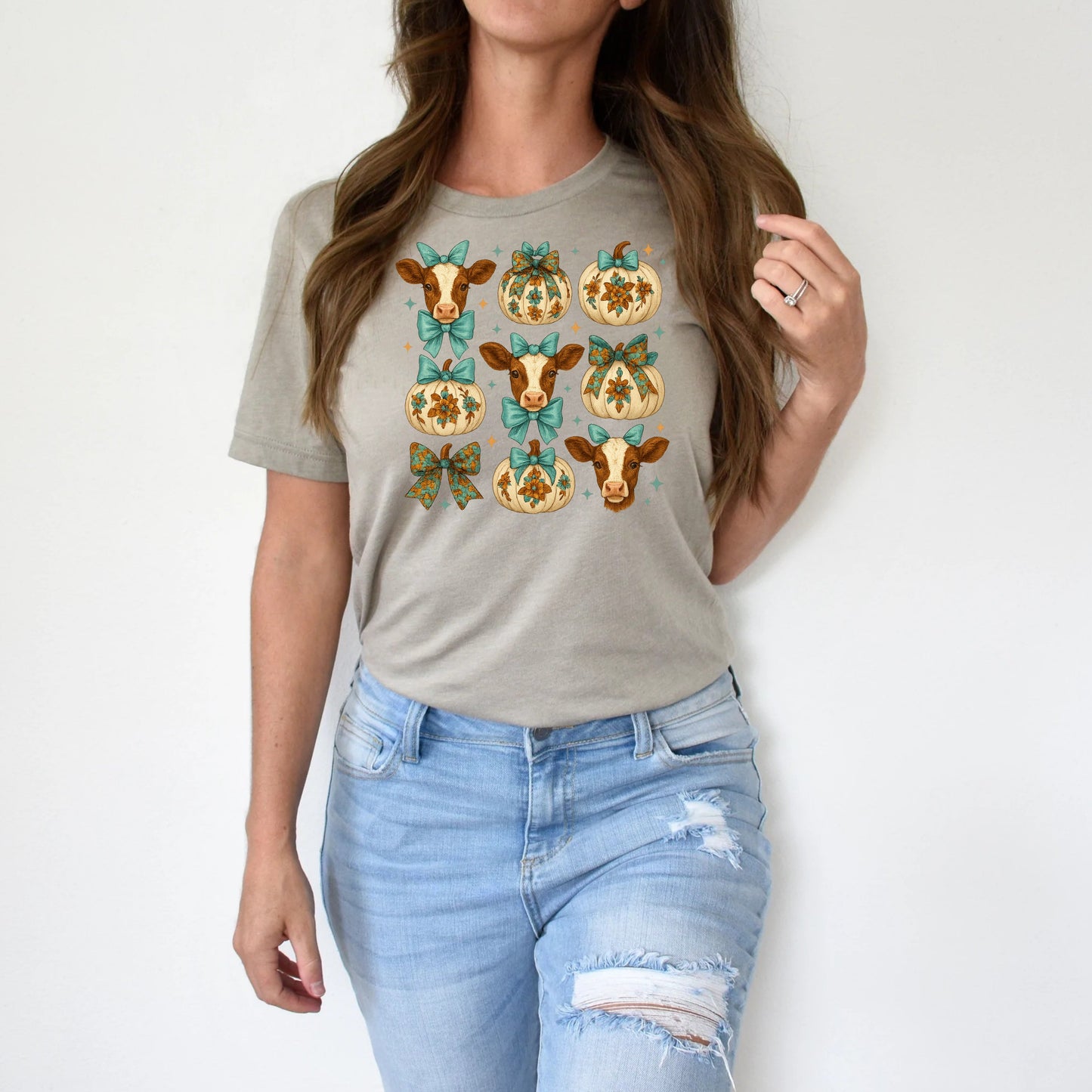 T-Shirt Sweatshirt Crewneck Fall Cow & Pumpkin Grid – Teal Bows, Floral Pumpkins & Farm Charm